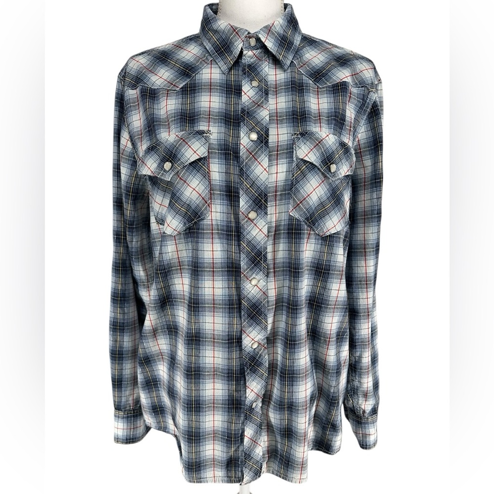CANYON RIVER BLUES / Blue White Red Silver Plaid Western Shirt / Medium